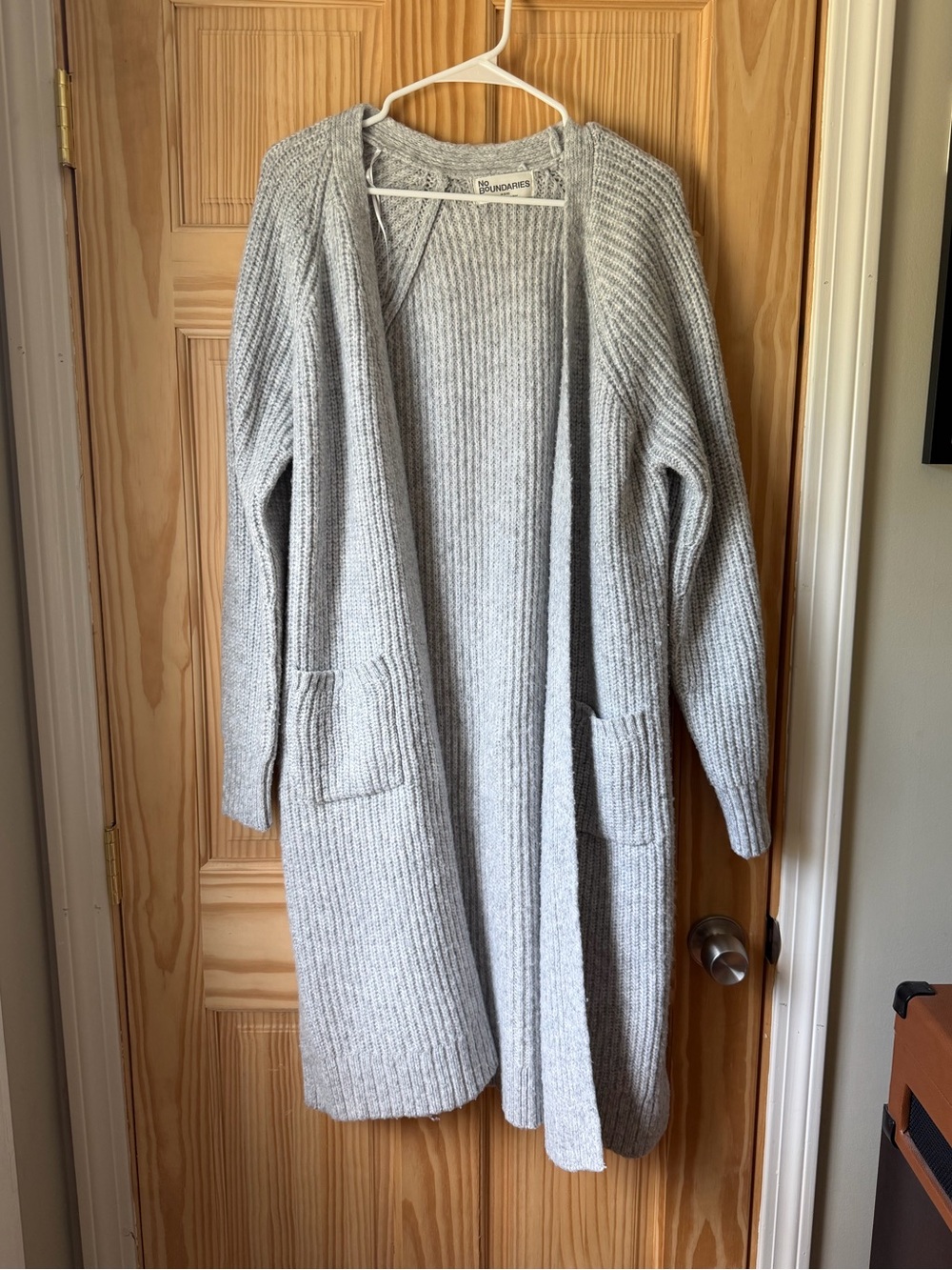 No Boundaries Gray Ribbed Open Cardigan with Pockets